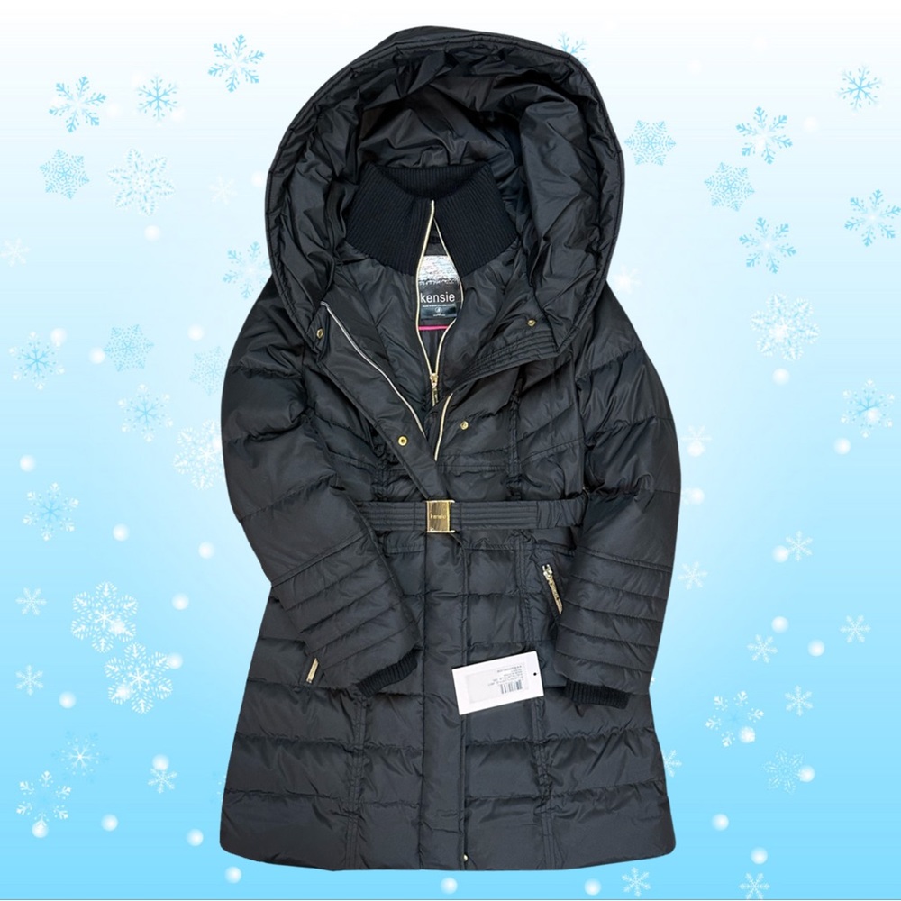 NWT $130 Kensie down puffer coat black hooded belt long gold hardware warm lined